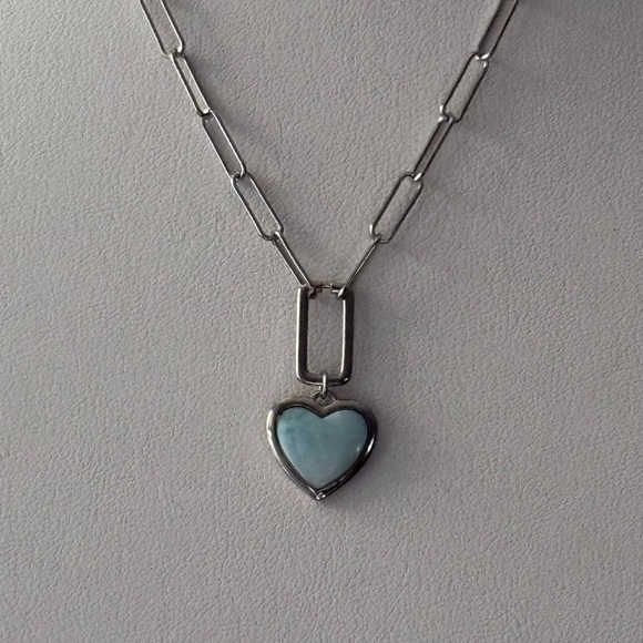 NWT Natural Larimar 925 Sterling Silver Heart Paperclip Chain Necklace! NEW! - Picture 2 of 8